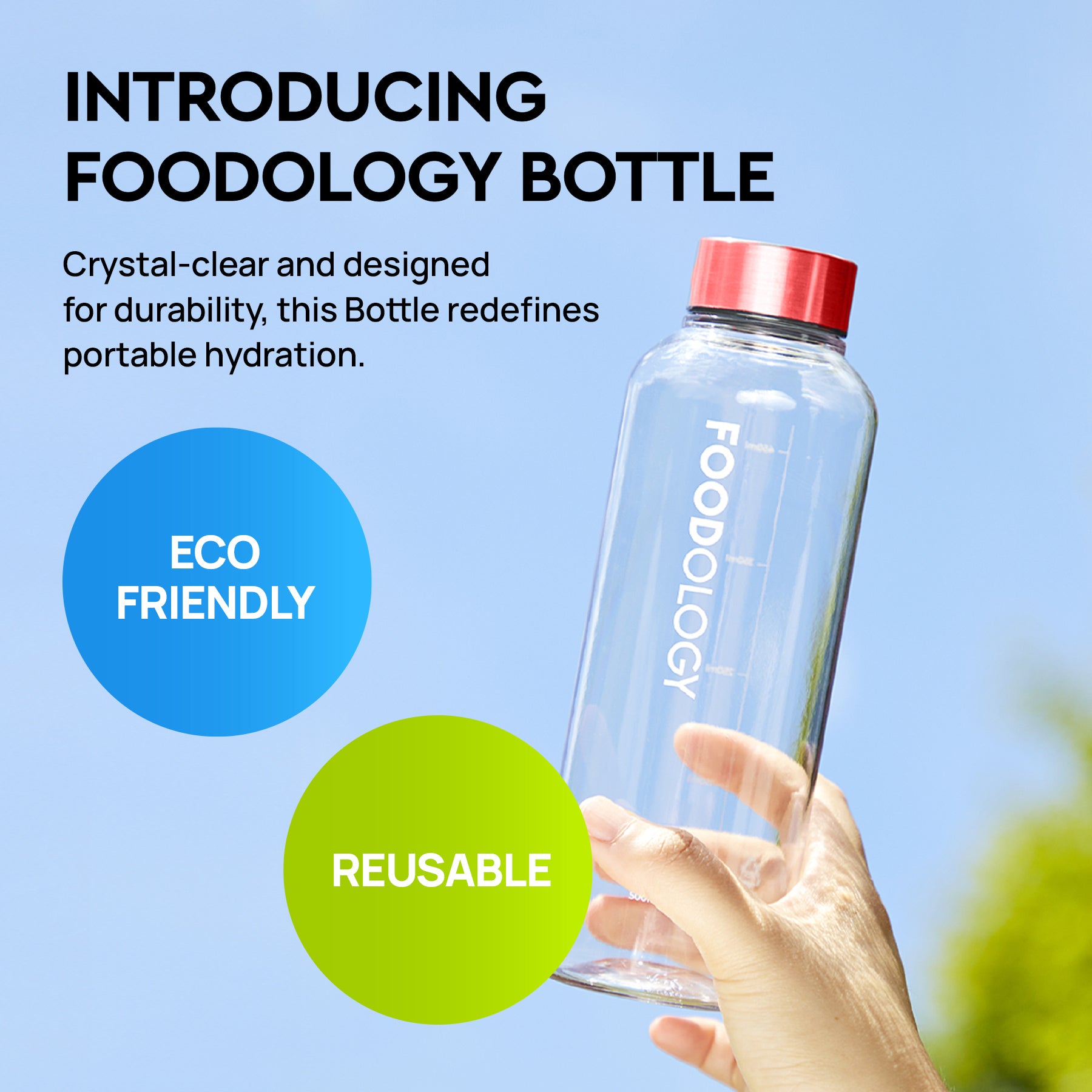 FOODOLOGY Bottle, crystal-clear reusable water bottle designed for eco-friendly hydration