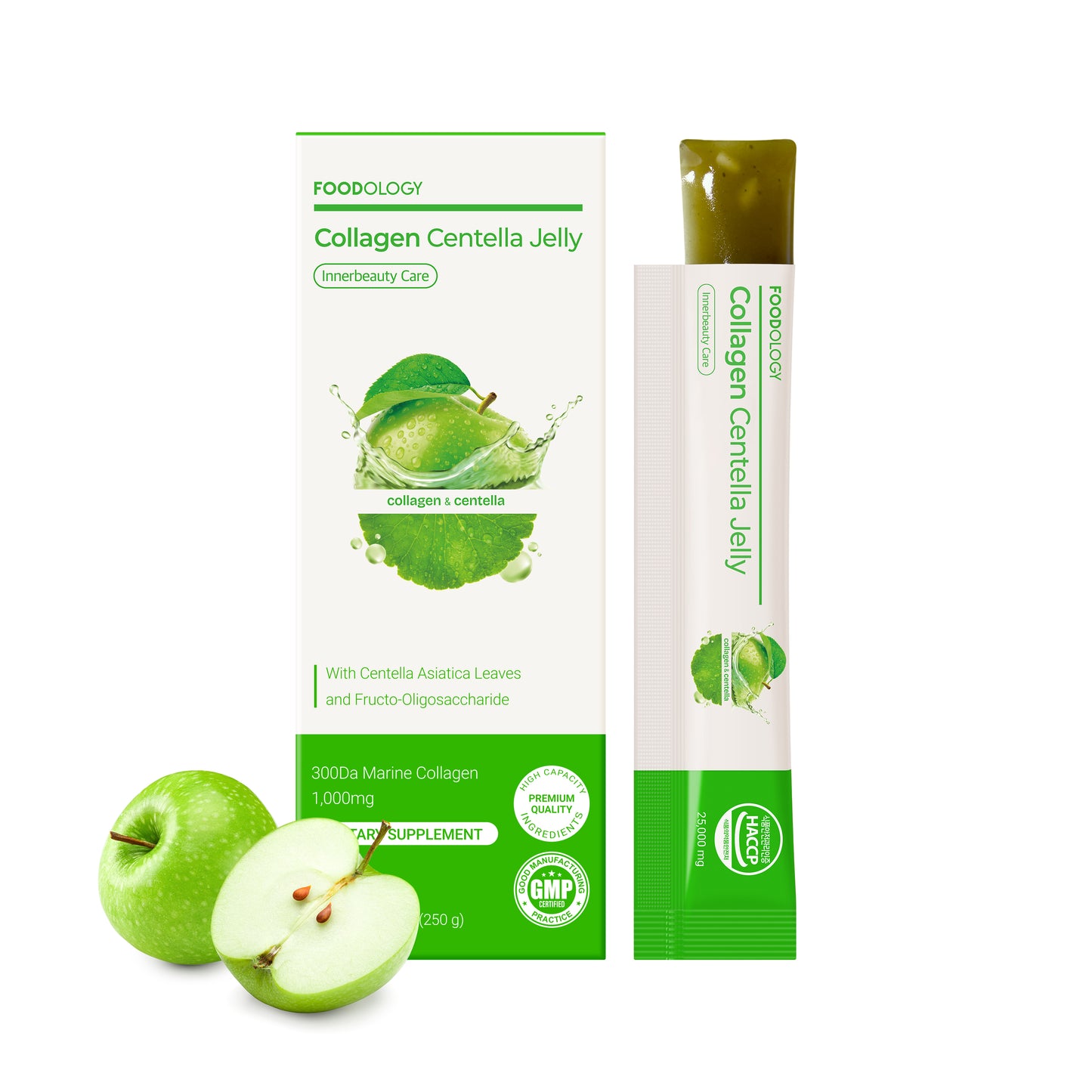 Green apple Collagen Centella Jelly sticks for glowing skin and antioxidant protection.