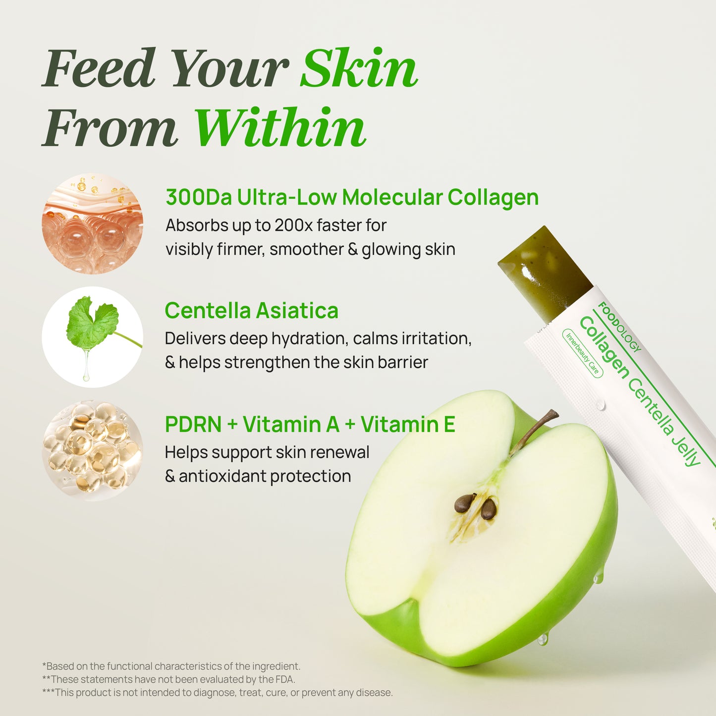 FOODOLOGY Collagen Centella Jelly sticks – green apple flavor collagen and centella supplement. Collagen Centella Jelly – PDRN, Vitamins A & E, and hyaluronic acid for elasticity and hydration