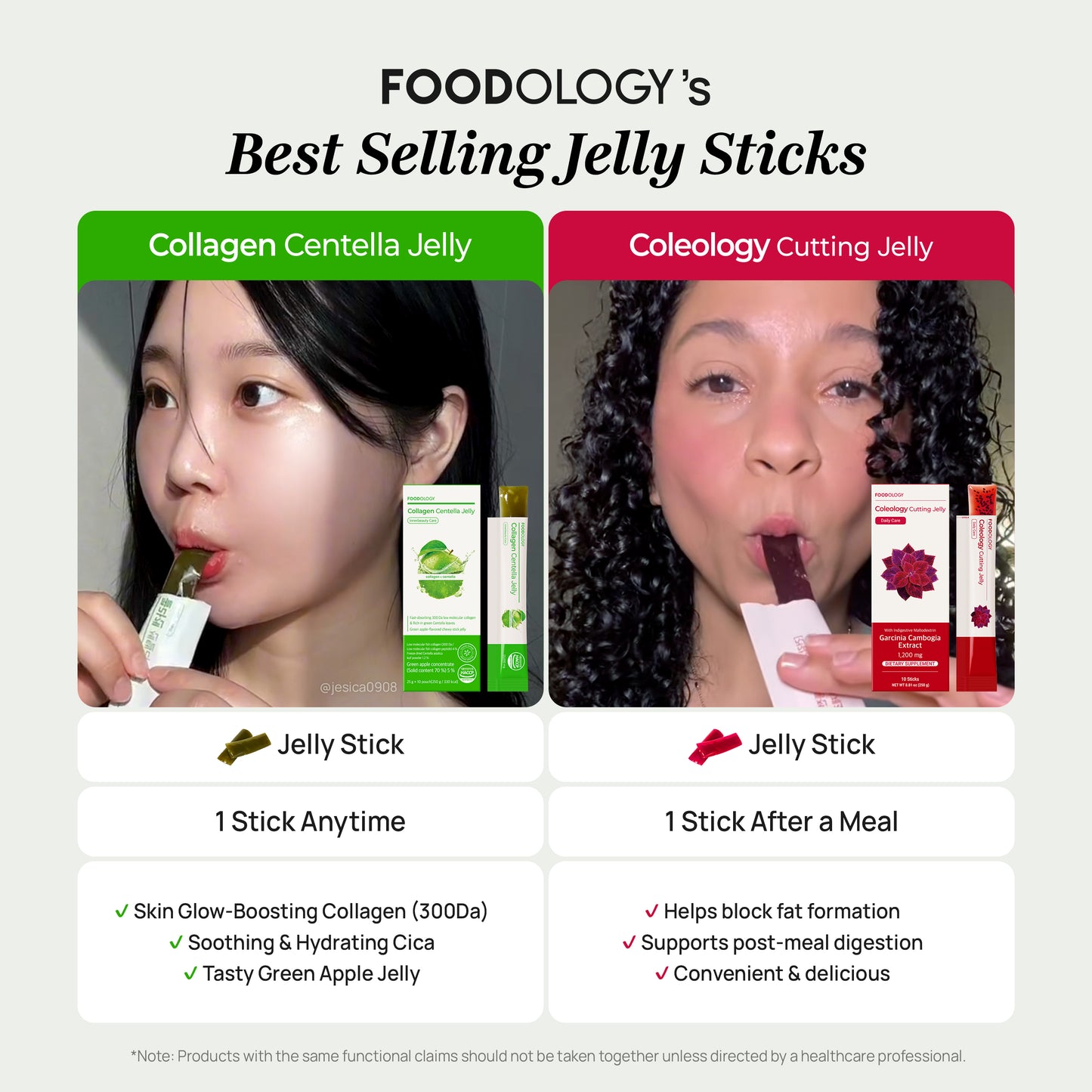 FOODOLOGY best-selling jelly sticks – Collagen Centella Jelly for skin glow and hydration, and Coleology Cutting Jelly for fat blocking and digestion support