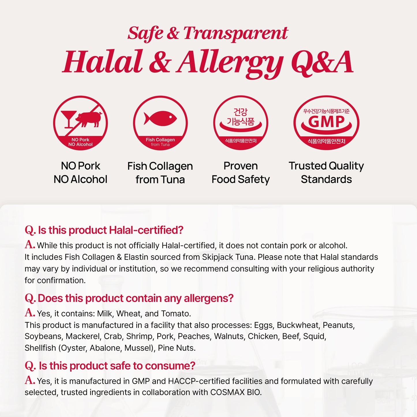 FOODOLOGY product safety and transparency – Halal & Allergy Q&A with GMP, HACCP, and COSMAX BIO standards